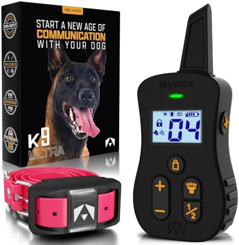 INVIROX Ultra K9 E Collar for Large Breeds with 124 Training Levels | For Reactive Stubborn or Hard-to-Train Dogs, ¾ Mile Range, Night-Light Mode, Safe Communication, IP67 Waterproof