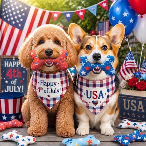 Civaner 24 Pcs 4th of July Squeaky Dog Toys Bulk Stuffed Plush Toys for Dogs Interactive Teething Chew Plaything for Small Medium Large Pets Teething Cleaning and Training