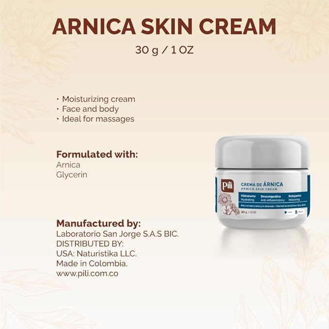 Pili Arnica Cream Hydrating Moisturizer for Face & Body. Soothes Bruised, Dry & Irritated Skin. Fast-Absorbing, Non-Greasy, Unscented. 1 oz