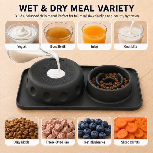 2-in-1 Slow Feeder Dog Bowl with Licking Rolling Ball, Leak-Proof One-Piece Dog Lick Bowl for Kibble and Liquid Treats, Anti-Choking Oval Ball Enrichment Toy for Boredom Anxiety Relief