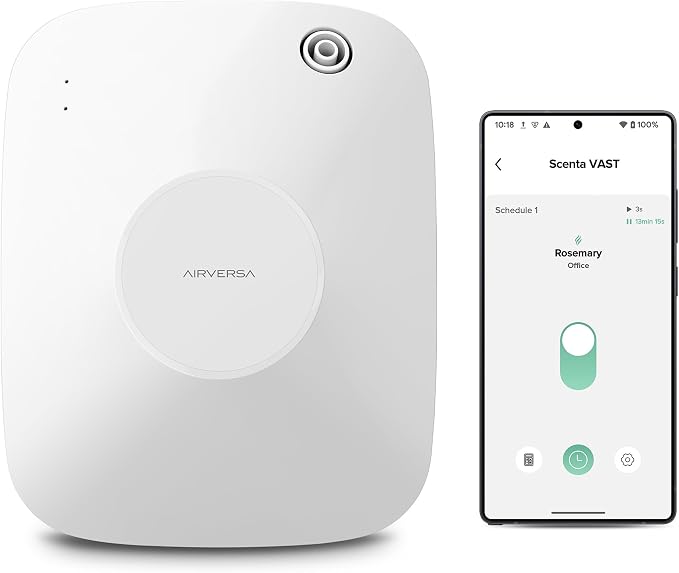 Airversa Smart Waterless Essential Oil Diffuser Scent Air Machine with 12A1V Power Adapter for Large Rooms Spaces Home and Commercial Use, Up to 2000 sq ft 400 mL Capacity Scent Diffuser, White ANA