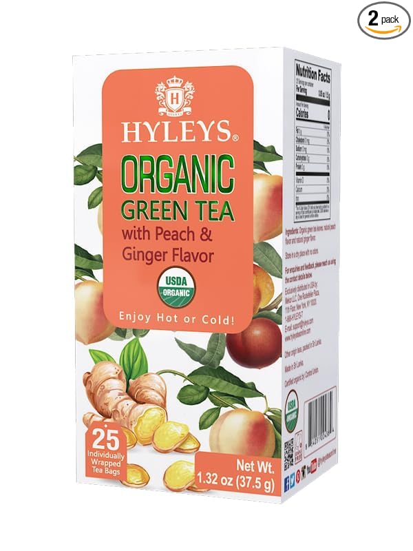 Hyleys Organic Green Tea Peach and Ginger Flavor - 25 Tea Bags (Pack of 2)