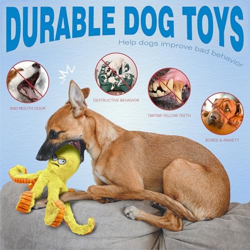 LEGEND SANDY Tough Dog Toys, Squeaky Large Dog Toy, Stuffed Puppy Chew Toys | Soft Fabric, Interactive Daily Companionship, Tug of War Doggie Toy, Training Reward, Crinkle Yellow Octopus