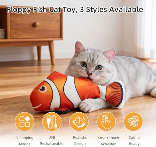 Flopping Fish Cat Toy, Interactive Moving Plush Cat Kicker Toy with Catnip Pocket, USB Rechargeable Automatic Wiggle Clownfish Toy for Indoor Kitten & Small Dogs, Single Clownfish（9.84Inch）
