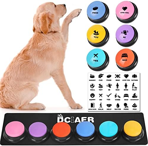 Dog Buttons for Communication,Talking Buttons for Dogs,6 Recordable Sound Buttons + 24 Scene Patterns + 1 Dog Button Mat+ 12 AAA Batteries，30 Seconds Dog Buttons for Pet Sound Training Toy