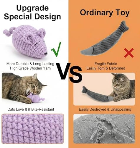 Catnip Toys Crochet Mouse, 6 Pcs Yarn Cat Nip Mice Safe Teeth Cleaning Chew Toy for Indoor Kittens Kitty, Adult Cats Interactive Catnip Cat Kicker Toys Anxiety Relief