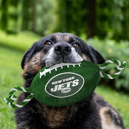 Pets First NFL New York Jets Football Dog Toy, Tough Quality Nylon Materials, Strong Pull Ropes, Inner Squeaker, NFL Team Color