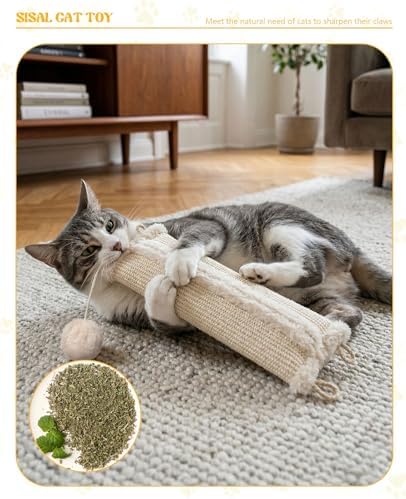 16.5 Inch Sisal Catnip Pillow Toy Kickers, Washable Sisal Cover, Interactive Cat Toys with Sisals Balls for Indoor Scratching, Chewing & Teething, Fun for Kittens and Adult Cats (Beige)