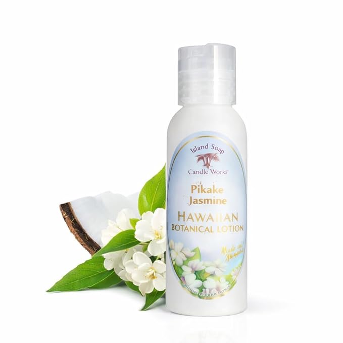 Island Soap and Candle Works Jasmine Scented Body Lotion for Men and Women - Paraben Free Body Moisturizer - Hydrating Hawaiian Skincare - Pikake Jasmine - 2 Fl Oz. Travel Size Bottle