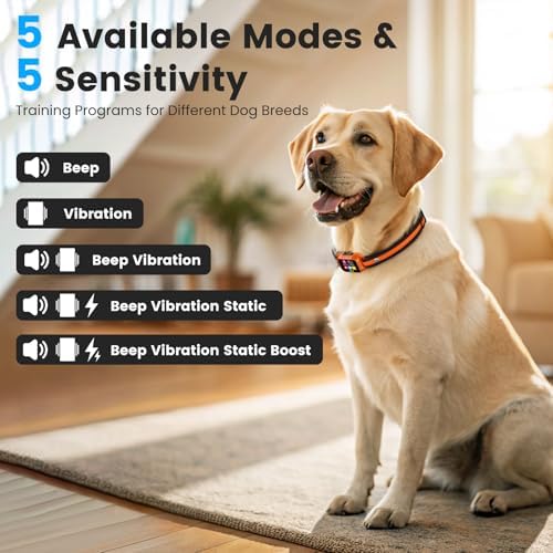 Smart Dog Bark Collar - Anti Barking Device for Large Medium Small Dogs, Stop Excessive Barking & Aggression Behavior, with 5 Modes & 5 Sensitivity, IP67 Waterproof for Indoor/Outdoor Use, Orange