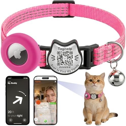 Cat Collar with AirTag Holder, QR Code Tag and Bell (Rose red, Dot Matrix)
