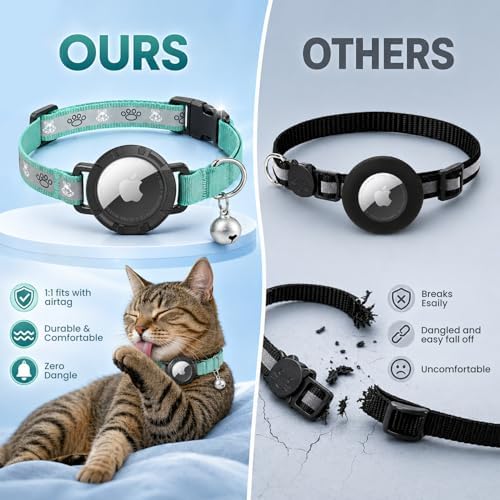 Reflective AirTag Cat Collar, Integrated Cat Collar with Air Tag Holder | Built in AirTag Holder, Adjustable 7-13in for Cats, Kittens and Puppies, Safety Elastic Band, Reflective for Night Walking