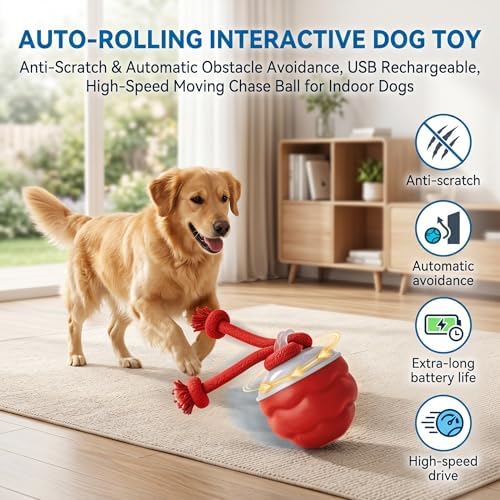 Interactive Dog Toys, Automatic Rolling Ball with Rope, Red