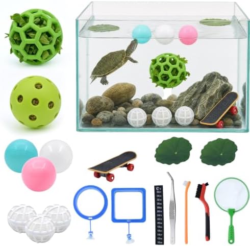 18PCS Aquatic Turtle Tank Accessories Kit, Turtle Feeder Balls&Toys