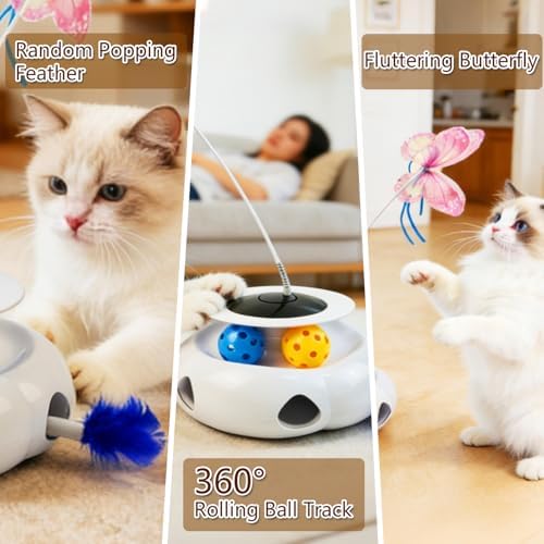 3-in-1 Interactive Cat Toy with Remote Control, Butterfly Wand & Automatic retractable feathers & Rolling Ball Track, Multi-functional Cat Toy for Indoor Cats, Suitable for Bored kitten, white