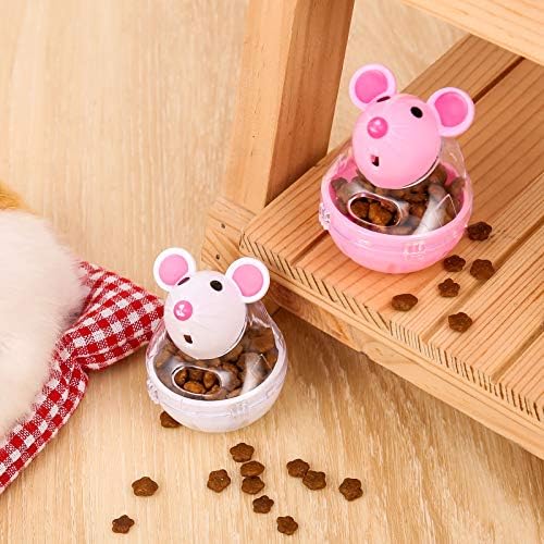 4 Pcs Cat Food Ball Dispenser - Slow Feeder Mice Shaped | Tumbler Toy for Interactive Training (Pink, White)