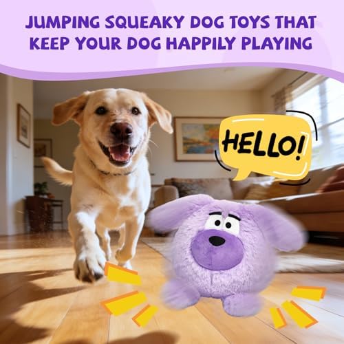 Moving Dog Ball, Jumping Squeaky Interactive Dog Toys, Plush Chew Toys for Small Dogs, USB Rechargeable (Purple)
