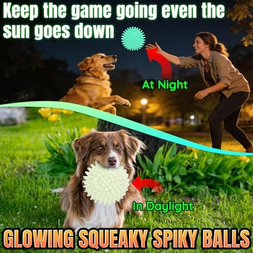 LECHONG 4-Pack Glow in The Dark Squeaky Dog Balls, 4.5” Large Spiky Dog Toy Balls, Durable Glowing Rubber Fetching Ball for Medium & Large Dogs Nighttime Playing Indoors & Outdoors