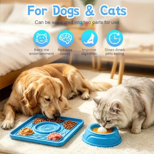 Slow Feeder Dog Bowl & Lick Mat,2-in-1 Dog Lick Bowl with Interactive Rolling Ball for Liquid and Thick Treats,Anti-Slip Dog Lick Bowl for Dogs & Cats
