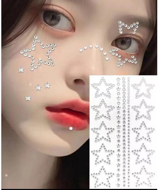 Self Adhesive Face Gems Pearls for Makeup,3D Heart Star Moon Shape Jewels Face Rhinestone Stickers for Face, Eye, Makeup, Nail, Body, Crafts
