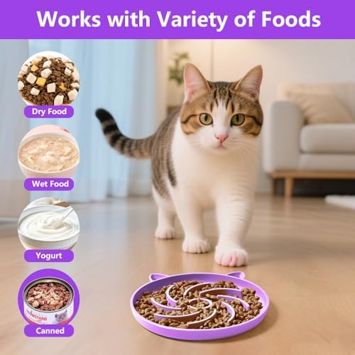 2Pcs Silicone Slow Feeder Cat Bowl,Puzzle Feeder,Interactive Toys,Slow Feeding cat Bowl Suitable for All Dry and Wet Foods,Easy to Clean Silicone Bowls(Orange and Purple)