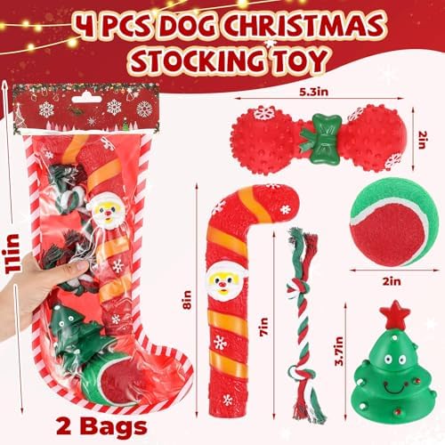 Shappy 2 Sets 8 Pcs Christmas Dog Stocking Toys with Squeaky Dog Toys, Santa Cane, Tennis Ball, Xmas Tree, Rope, Bone, Xmas Stocking Pet Set, Interactive Pet Gifts