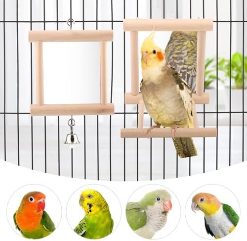 Wontee Bird Mirror for Cage Hanging Interactive Toys (Wood color-2pcs)