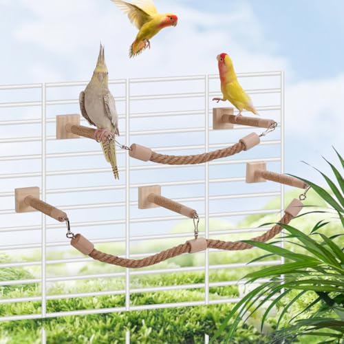 La La Pet Bird Rope Perches for Cage Natural Wood Standing Perch Hanging Bridge and Swing Interactive Birds Toys for Conures Budgies Parakeets Cockatiels Lovebirds 3-Set