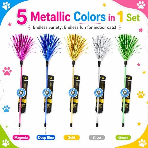 ADUCK Tinsel Cat Wand Toys for Indoor Cats, Interactive Kitten Toys, 5 Pack