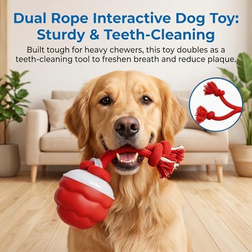 Interactive Dog Toys, Automatic Rolling Ball with Rope, Red