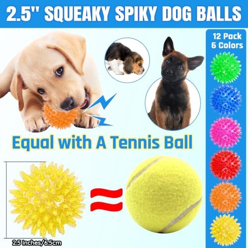 LECHONG 12-Pack Squeaky Spiky Dog Balls, 2.5" Balls for Small Medium Dogs | Durable TPR, Floats, Bouncy, Soothes gums, Cleans teeth, Boredom buster, Interactive Play, Indoor and Outdoor Fetch