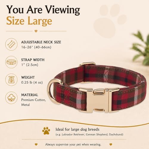 Soft Cotton Dog Collar Classic Plaid Pet Collars with Metal Clasp for Large Dogs with Sensitive Skin, Vintage Red
