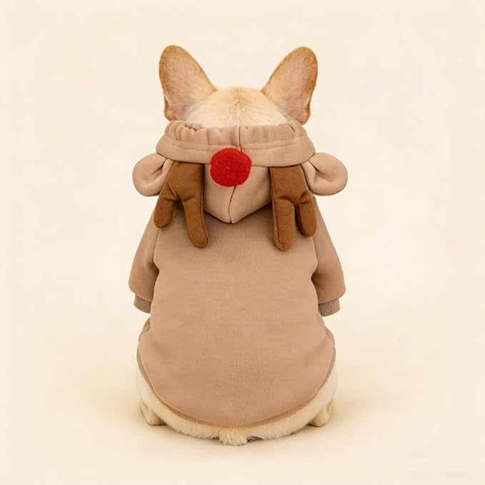 Fleece Lined Reindeer Design Dog Hoodie Costume, XL | Autumn Winter Cute Pet Clothing & Christmas Party Costume For 2-25 Lbs Dog Cat French Bulldog Chihuahua Pug Poodle Dachshund