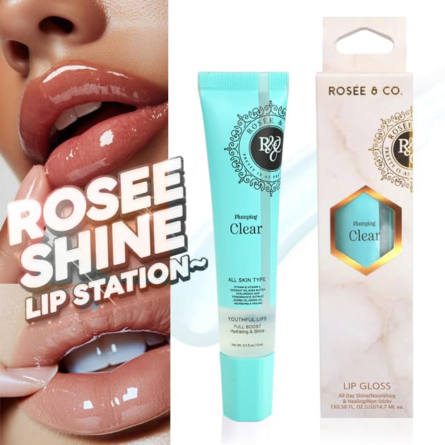 Rosee Lip Gloss Vegan & Cruelty Free Treatment, Professional Make up, Long Lasting Glossy with Shea Butter, Moisturize, Protect & Smooth, High Shine, Non-Sticky (b. Clear Plumping, 0.5)