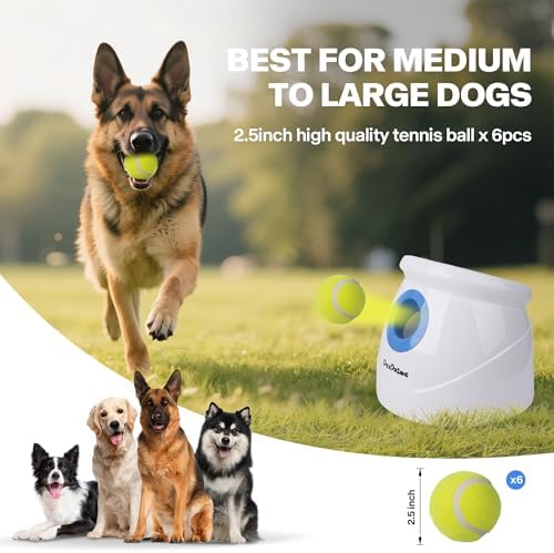 Pet Prime Automatic Ball Launcher for Large Dogs，Adjustable 10-40ft Distance,Rechargeable Dog Ball Thrower with 6 Tennis Balls(2.5") & Training Whistle,Interactive Toy for Indoor/Outdoor Play