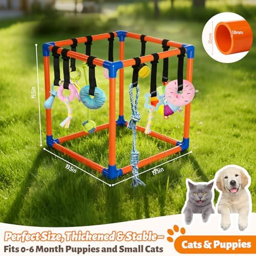 Puppy Play Gym with 15 Hanging Toys for Small Dogs, PVC Frame with Bungee Straps, Interactive Indoor Jungle Playground for Entertainment, Teething and Mental Stimulation