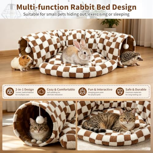 BWOGUE Bunny Tunnel Bed, Brown Plaid 2-in-1 Rabbit Tunnel Hideout with Mat