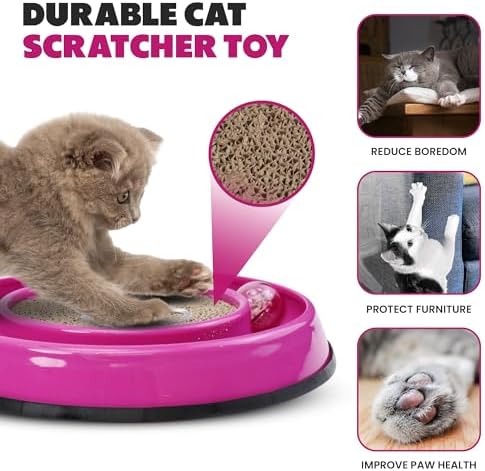 SPOT Rockin’ Cat Scratcher Toy – Interactive LED Light-Up Ball Cat Toy, Corrugated 5-Inch Cardboard Scratching Pad with Catnip Bag for Claw Care & Play, Non-Slip Rubber Base, 10-Inch, 1-Piece