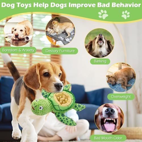 Interactive Dog Toy, Green Turtle Plush with Slow Feeder Bowl, Squeaky Chew Toy