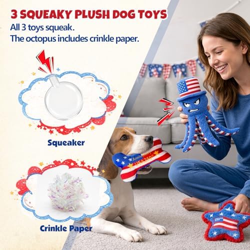 Patriotic 4th of July Dog Toys, 3-Pack Squeaky Crinkle Plush Set