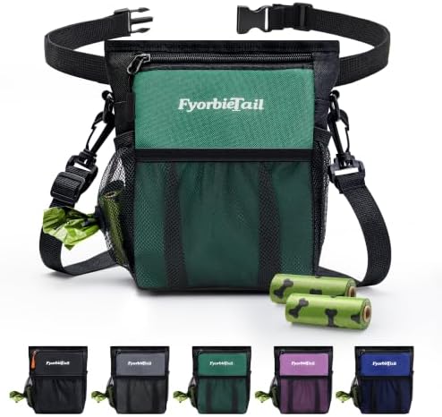 Dog Treat Pouch, 4 Cup Training Bag, Magnetic Closure, 3 Way Wear, Green | 600D waterproof Oxford fabric, multi pocket storage, zipper and mesh pockets, pull out poop bag dispenser, includes 2 rolls