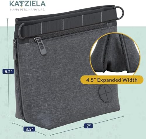 Katziela Expandable Pet Treat Pouch - Hands Free Dog Treat Pouch, Quick Access Magnet Closure - Anti Spill Dog Treat Bag - Treat Pouches for Pet Training, Adjustable Shoulder Strap & Belt Clip (Black)