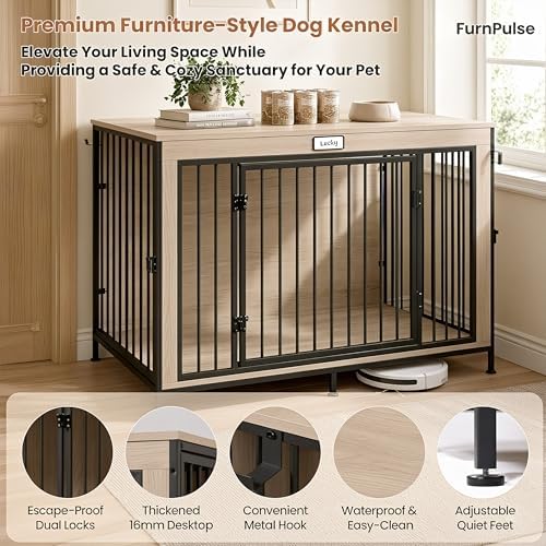 48" XL Dog Crate Furniture for Large Dogs,Farmhouse Light Oak Wood Dog Kennel, Heavy DutyAnti-Chew Steel Frame, Escape Proof Pet Crate, 3Door Indoor Dog House, TV Stand EntertainmentCenter 350LB