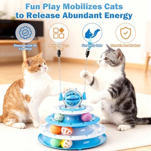 Cat Turntable Toy Ball - Interactive Kitten Toys & Toys for Indoor Cats with 6 Colorful Balls & 2 Cat Teaser Wands, Fun Mental & Physical Exercise Puzzle Plaything for Kitty Kitten to Play (Pink)