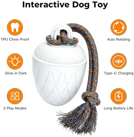 Interactive Dog Ball Toy for Medium & Large Dogs, Automatic Moving Dog Toy with Bird Sounds and Rope, USB Rechargeable Smart Ball with Fast & Slow Modes, 500mAh Dog Enrichment Toy