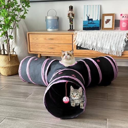 3-Way Collapsible Cat Tunnel Tube Toy Black Pink Paws