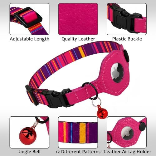 Breakaway Cat Collar with Leather AirTag Holder & Bell - Apple Air Tag Cat Collars for Girls & Boys, Lightweight Anti-Lost GPS Tracker Design, Printed Pattern - Safety and Adjustable (Striped)