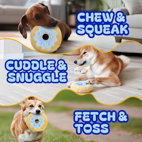 Blue Donut Squeaky Dog Toy – 6 Inch Soft Plush Toy with Built-in Squeaker, Cute Donut Design for Chew, Fetch & Interactive Play for Small to Medium Dogs
