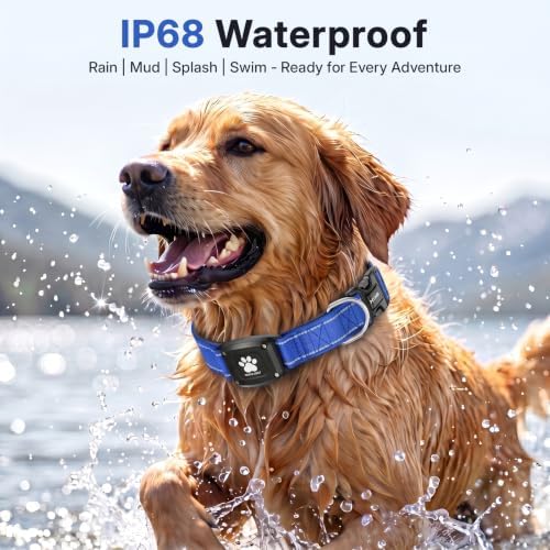GPS Dog Collar with Tracker, Waterproof, No Monthly Fee, Blue, M | Works with Apple Find My, iOS Only, MFi Certified, No SIM Card, for Medium Dogs, Reflective Padded Nylon, Neck 14.5-19.5 in