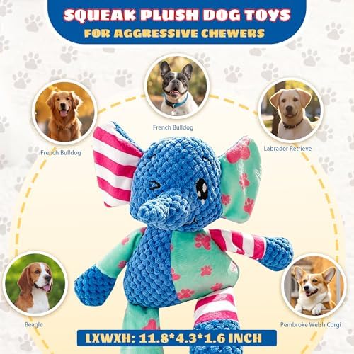 Dog Squeak Toys for Small & Medium Breeds, Puppy Teething Interactive Chewing Plush Toy to Keep Them Busy, Best Birthday, Christmas, Halloween, Easter Gift, Elephant